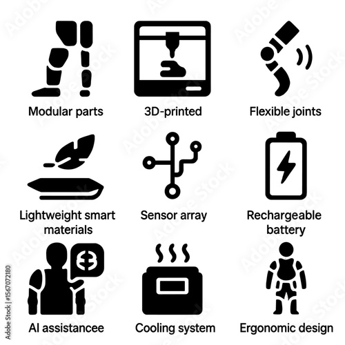 Exoskeleton Design Icons. Solid, filled icon set of Exoskeleton design and innovation: modular parts, 3D printed components,