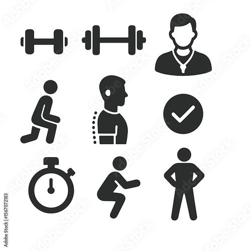 Fitness Form Icons. Solid, filled icons set of a fitness coach demonstrating proper form: dumbbell, barbell,