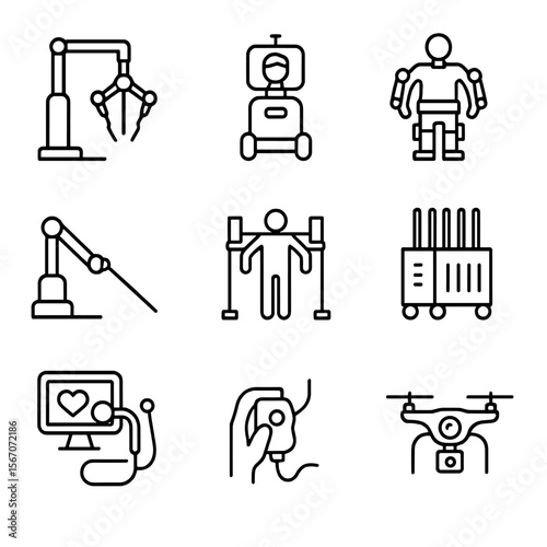 Robotic Medical Icon Set. Outline icon set of medical and surgical robotics: surgical robot arm, telemedicine robot, robotic