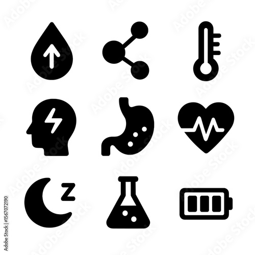 Daily Biological Functions Icons. Solid, filled icon set of daily biological functions: hormone release, metabolism, body