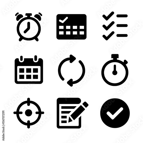 Daily Discipline Icons. Solid, filled icon set of daily discipline and consistency: alarm clock, habit tracker, checklist,