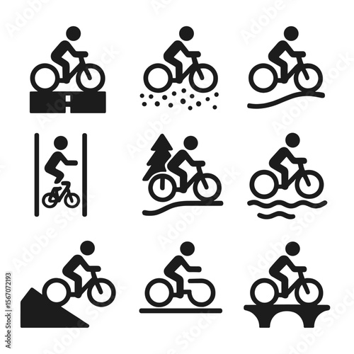 Cycling Path Icons. Solid, filled icon set of cycling path types: paved road, gravel trail, dirt path, bike lane, forest trail,