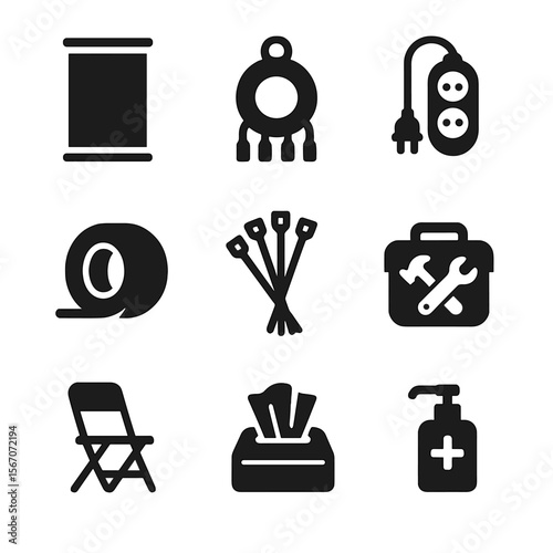 Exhibitor Gear Icons. Solid, filled icon set of exhibitor gear and supplies: roll-up banner, cable organizer, extension cord, tape