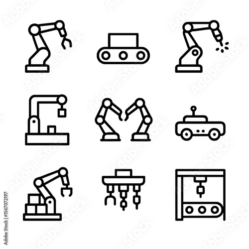 Robotics Icons Grid. Outline icon set of robotics and assembly automation: robotic arm, conveyor belt, welding robot,