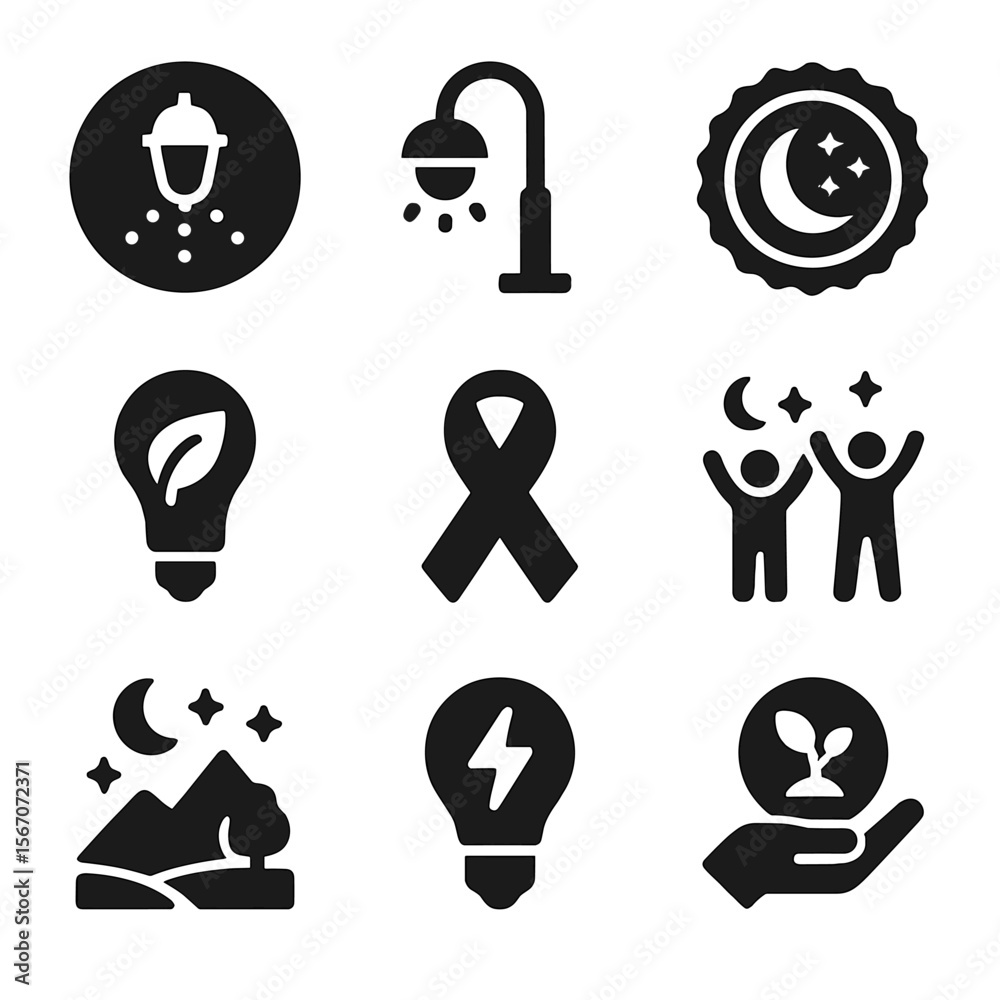 Fototapeta premium Dark Sky Icons. Solid, filled icon set of dark sky preservation: light pollution icon, shielded lamp, dark sky badge, eco-friendly