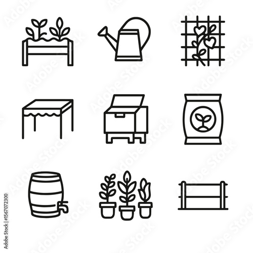 Rooftop Gardening Icons. Outline icon set of rooftop gardening: raised planter boxes, watering can, trellis with vine, sunshade