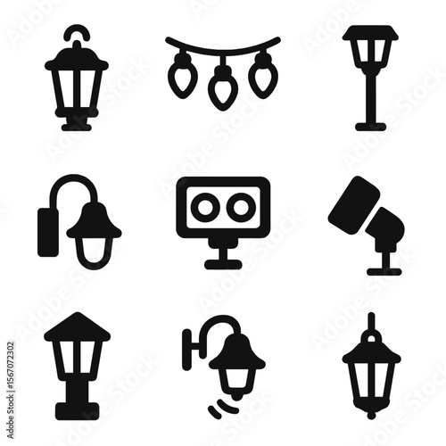 Outdoor Lighting Icons. Solid, filled icons set of outdoor decorative lighting: garden lantern, string lights,
