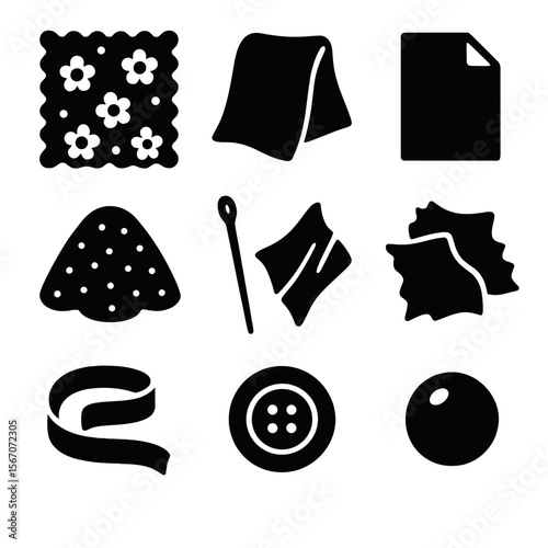 Fabric Craft Icon Set. Solid, filled icon set of fabric flower materials: lace fabric, satin fabric, felt sheet, tulle, floral