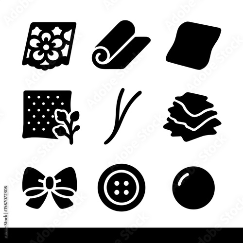 Fabric Craft Icon Set. Solid, filled icon set of fabric flower materials: lace fabric, satin fabric, felt sheet, tulle, floral