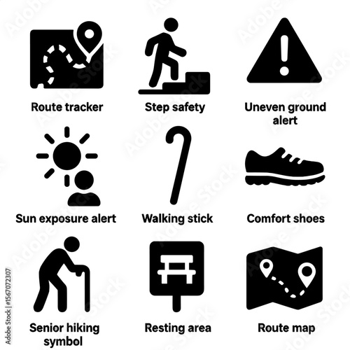 Outdoor Safety Icons. Solid, filled icons set of outdoor safety for elderly users: route tracker, step safety