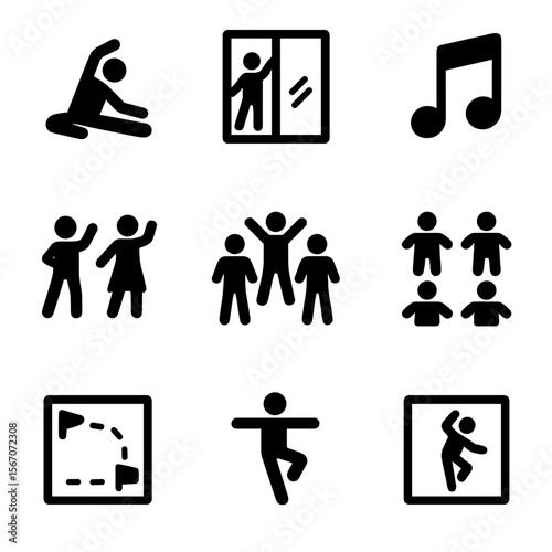 Dance Rehearsal Icons. Solid, filled icon set of dance rehearsals: dancer stretching, choreography, mirror, music, practice