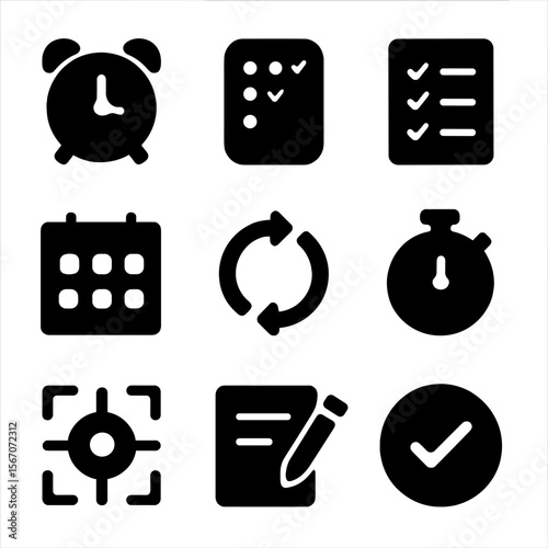Daily Discipline Icons. Solid, filled icon set of daily discipline and consistency: alarm clock, habit tracker, checklist,