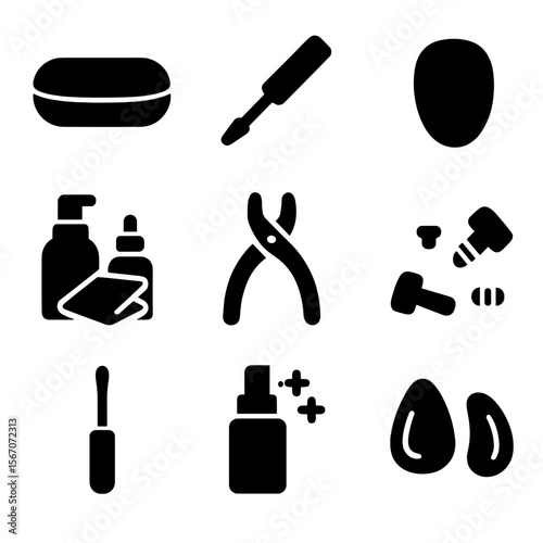 Eyeglass Maintenance Icons. Solid, filled icon set of eyeglass maintenance: glasses case, hinge tool, replacement lens, cleaning