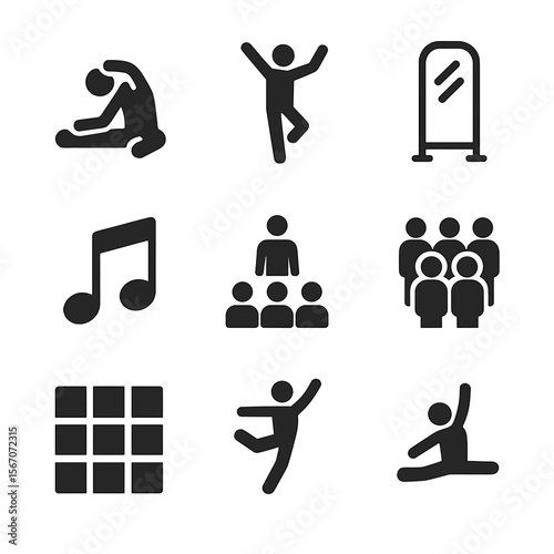 Dance Rehearsal Icons. Solid, filled icon set of dance rehearsals: dancer stretching, choreography, mirror, music, practice