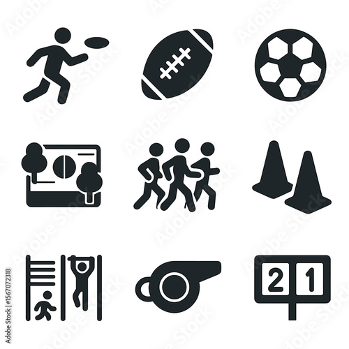 Outdoor Sports Icons. Solid, filled icons set of outdoor group sports: frisbee, football, soccer ball, park