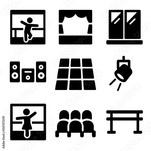 Dance Environment Icons. Solid, filled icon set of dance environments: dance studio, stage, mirror wall, sound system, dance floor