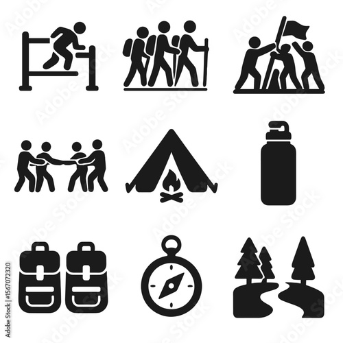 Outdoor Team Icons. Solid, filled icons set of outdoor team exercises: obstacle course, group hike, team flag,