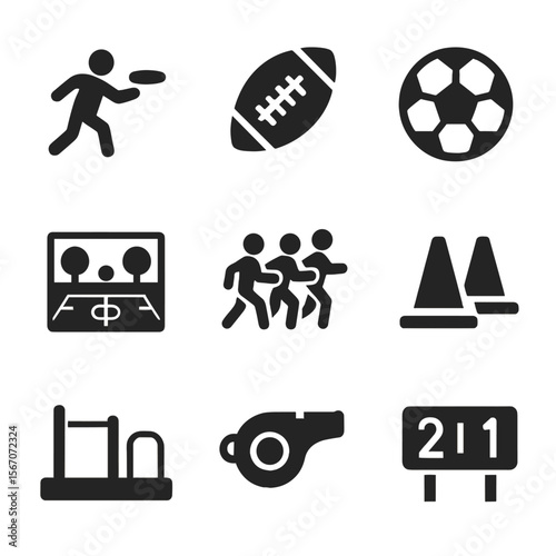 Outdoor Sports Icons. Solid, filled icons set of outdoor group sports: frisbee, football, soccer ball, park