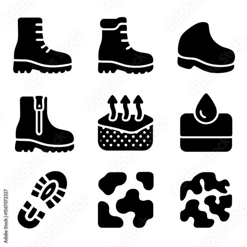 Combat Boot Icons. Solid, filled icon set of combat boot features: thick sole, ankle support, reinforced toe, side zipper, padded