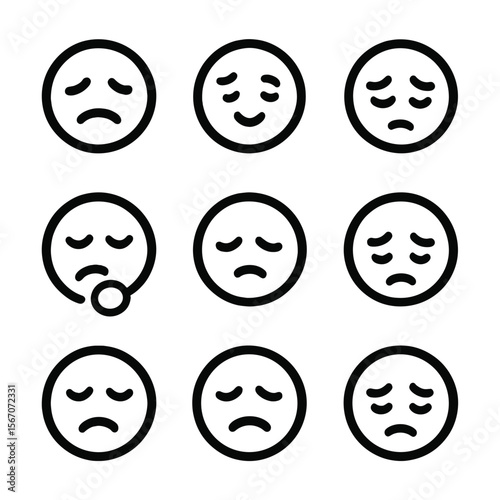 Facial Expression Icons. Solid, filled icon set of facial expressions with downcast eyes: sad face, shy face, embarrassed face,