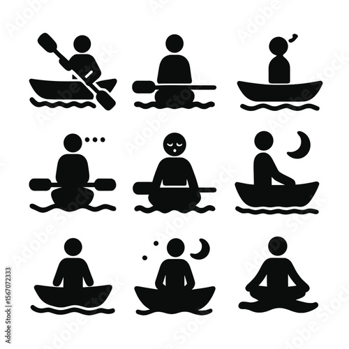 Peaceful Kayaking Icons. Solid, filled icon set of peaceful kayaking moments: slow paddle, sitting still, gaze upward, drifting