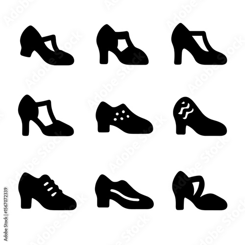 Dance Shoe Icon Set. Solid, filled icon set of dance shoe features: flexible sole, reinforced toe, heel height, ankle strap,