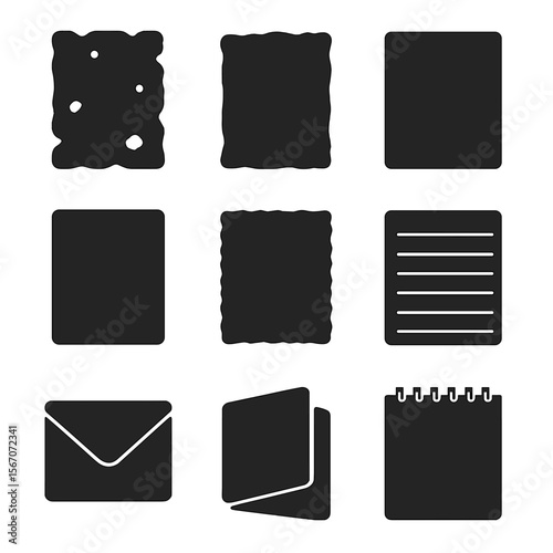 Paper Texture Icons. Solid, filled icons set of paper textures and formats: parchment, vellum, linen paper,