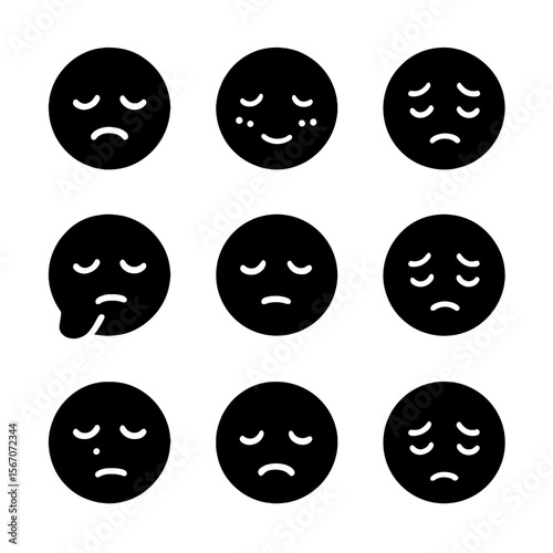 Facial Expression Icons. Solid, filled icon set of facial expressions with downcast eyes: sad face, shy face, embarrassed face,