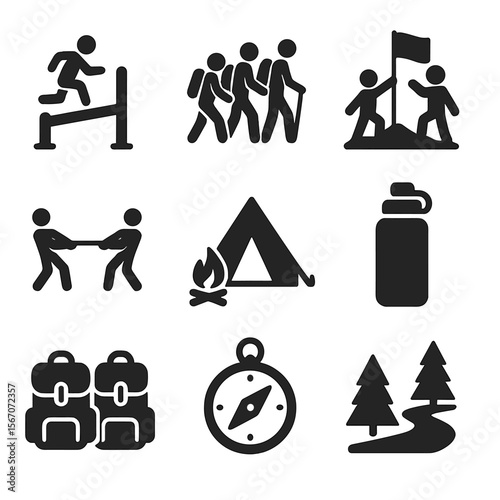 Outdoor Team Icons. Solid, filled icons set of outdoor team exercises: obstacle course, group hike, team flag,