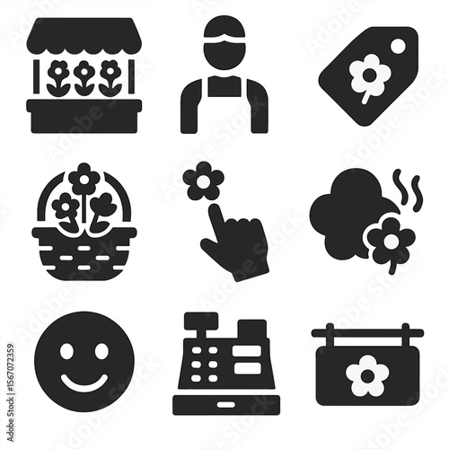 Flower Market Icons. Solid, filled icons set of flower market visit: flower stand, vendor icon, price tag,