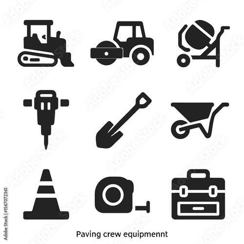 Paving Crew Equipment. Solid, filled icons set of paving crew equipment: asphalt paver, road roller, concrete