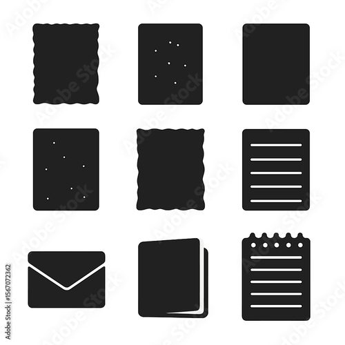 Paper Texture Icons. Solid, filled icons set of paper textures and formats: parchment, vellum, linen paper,