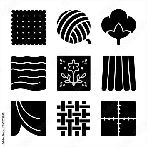 Fabric Pattern Icons. Solid, filled icon set of fabric textures and patterns: linen, wool, cotton, silk, embroidery, pleats,