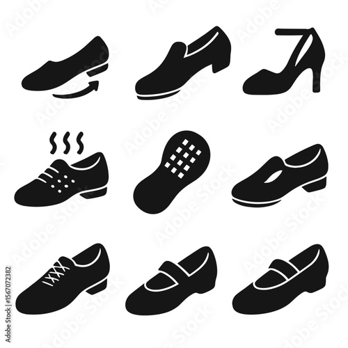 Dance Shoe Icon Set. Solid, filled icon set of dance shoe features: flexible sole, reinforced toe, heel height, ankle strap,
