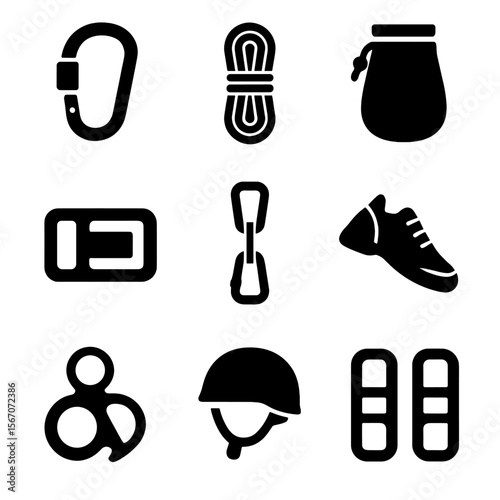 Climbing Gear Icons. Solid, filled icon set of climbing accessories: carabiner, climbing rope, chalk bag, harness buckle,