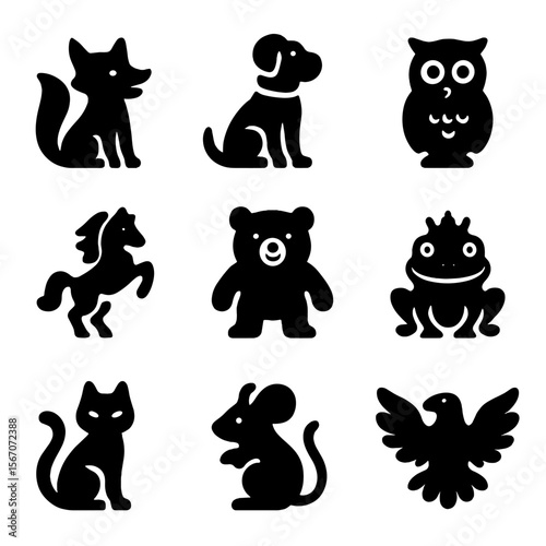 Fairy Tale Animals Icons. Solid, filled icon set of fairy-tale animals: talking fox, loyal dog, wise owl, magical horse, friendly