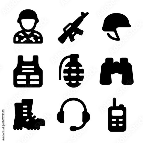 Combat Gear Icons. Solid, filled icon set of soldier in combat: helmet, rifle, camouflage uniform, boots, tactical vest, grenade,