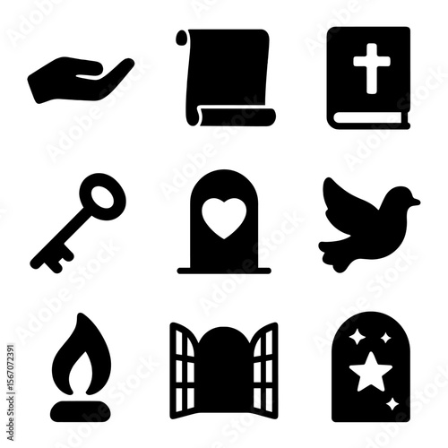 Faith Invitation Icons. Solid, filled icon set of invitation to faith: welcome hand, open scroll, holy book, gentle key, heart