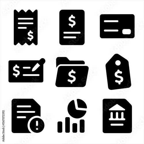 Payment Icon Set. Solid, filled icons set of payment organization: cash register slip, credit receipt, pay