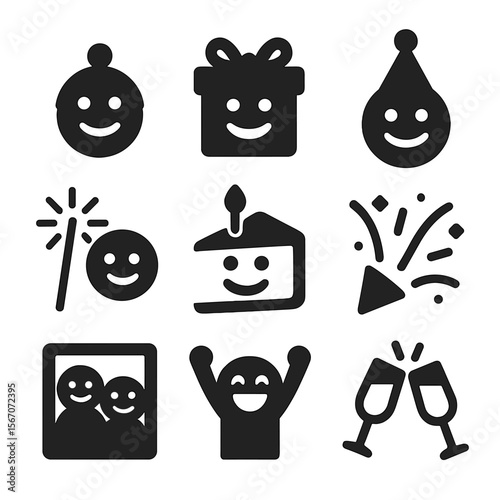 Celebratory Icons Grid. Solid, filled icons set of smiling and celebration: birthday smile, gift grin, party