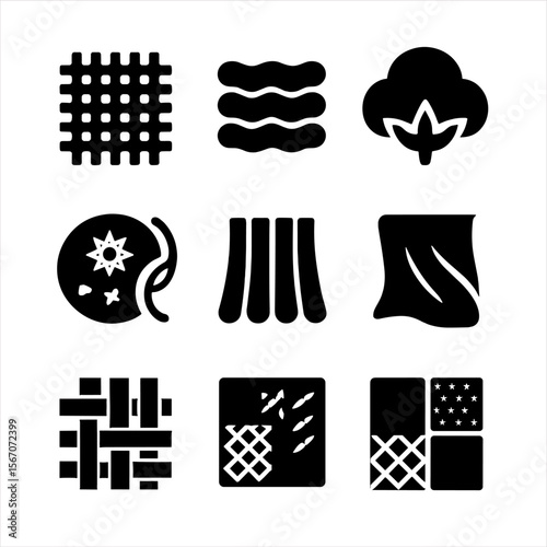 Fabric Pattern Icons. Solid, filled icon set of fabric textures and patterns: linen, wool, cotton, silk, embroidery, pleats,