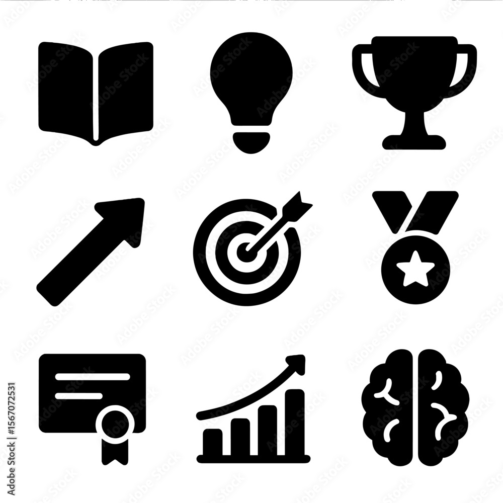 Obraz premium Personal Growth Icons. Solid, filled icon set of personal growth: book, light bulb, trophy, upward arrow, target, medal,