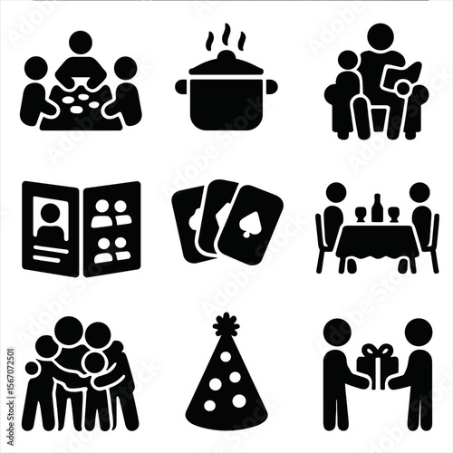 Family Gathering Icons. Solid, filled icon set of family gathering activities: board game, cooking pot, storytelling, photo album,