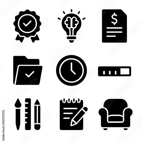 Freelance Icons Collection. Solid, filled icons set of freelancing from the couch: freelance badge, creative