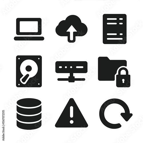 Data Backup Icons. Solid, filled icon set of data backup components: laptop, cloud upload, backup server, hard disk, network
