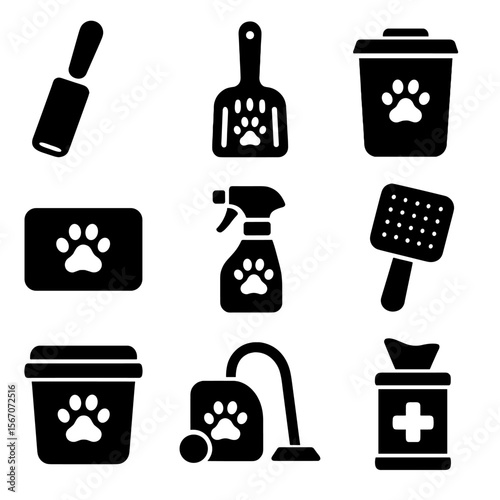 Pet Cleaning Icons. Solid, filled icons set of pet-related cleaning: pet hair roller, litter scoop, chew-proof