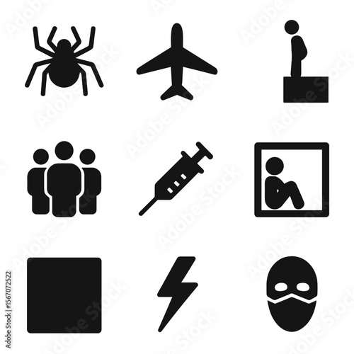 Phobia Icons Grid. Solid, filled icons set of phobias: spider icon, airplane silhouette, high ledge, crowd