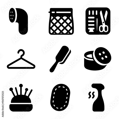 Clothing Care Icon Set. Solid, filled icon set of clothing care items: fabric shaver, mesh bag, sewing kit, hanger, lint brush,