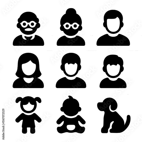 Family Icon Grid. Solid, filled icon set of multigenerational family members: grandfather, grandmother, father, mother, teen,