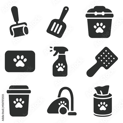 Pet Cleaning Icons. Solid, filled icons set of pet-related cleaning: pet hair roller, litter scoop, chew-proof